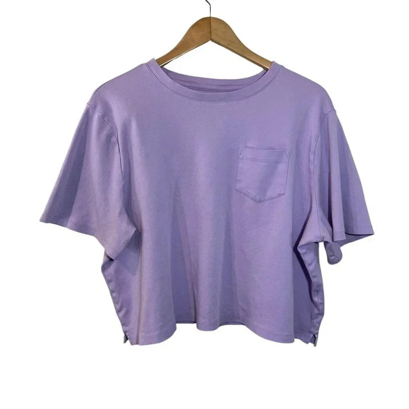 A New Day Lavender Cropped T Shirt Large Front Pocket Short Sleeve Loose Fit Top - Picture 1 of 4